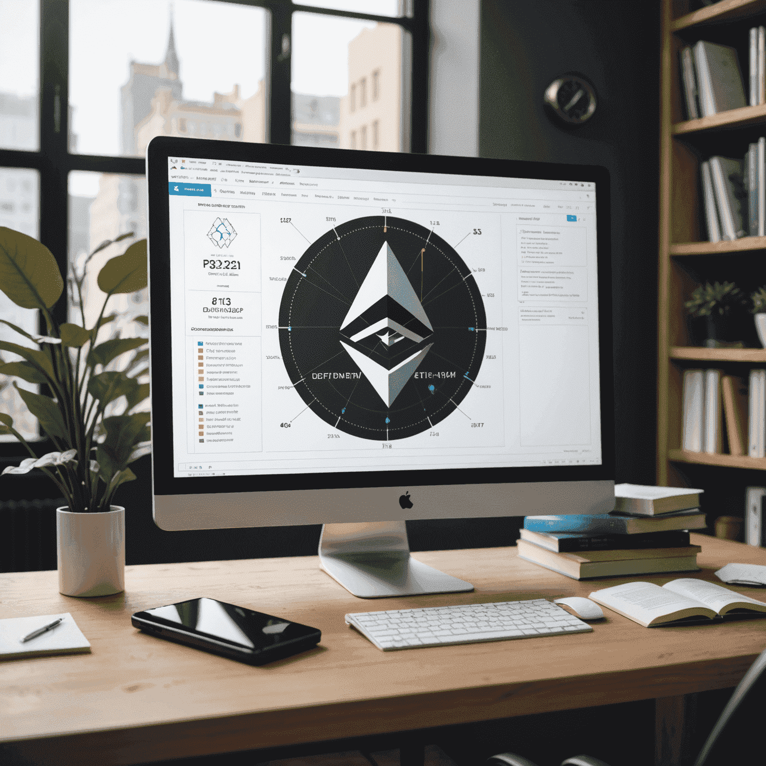Экран компьютера с графиками DeFi-протоколов, стопка книг и символ Ethereum